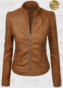 Women Zip Up Moto Brown Leather Jacket