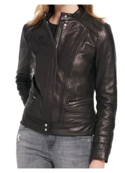 WOMEN'S DESIGNER BLACK RIVET SCUBA LEATHER JACKET