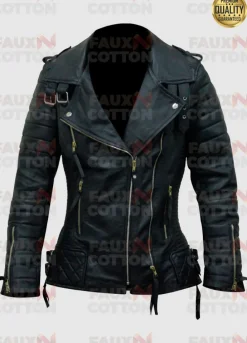 Women's Quilted Slim Fit Black Leather Biker Jacket With Golden Zipper