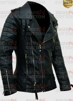 Women's Quilted Slim Fit Black Leather Biker Jacket With Golden Zipper