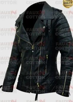 Women's Quilted Slim Fit Black Leather Biker Jacket With Golden Zipper