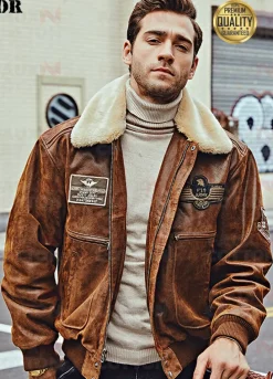 XGX-303 Flavor Mens Leather Bomber Fur Jacket with Removable Collar